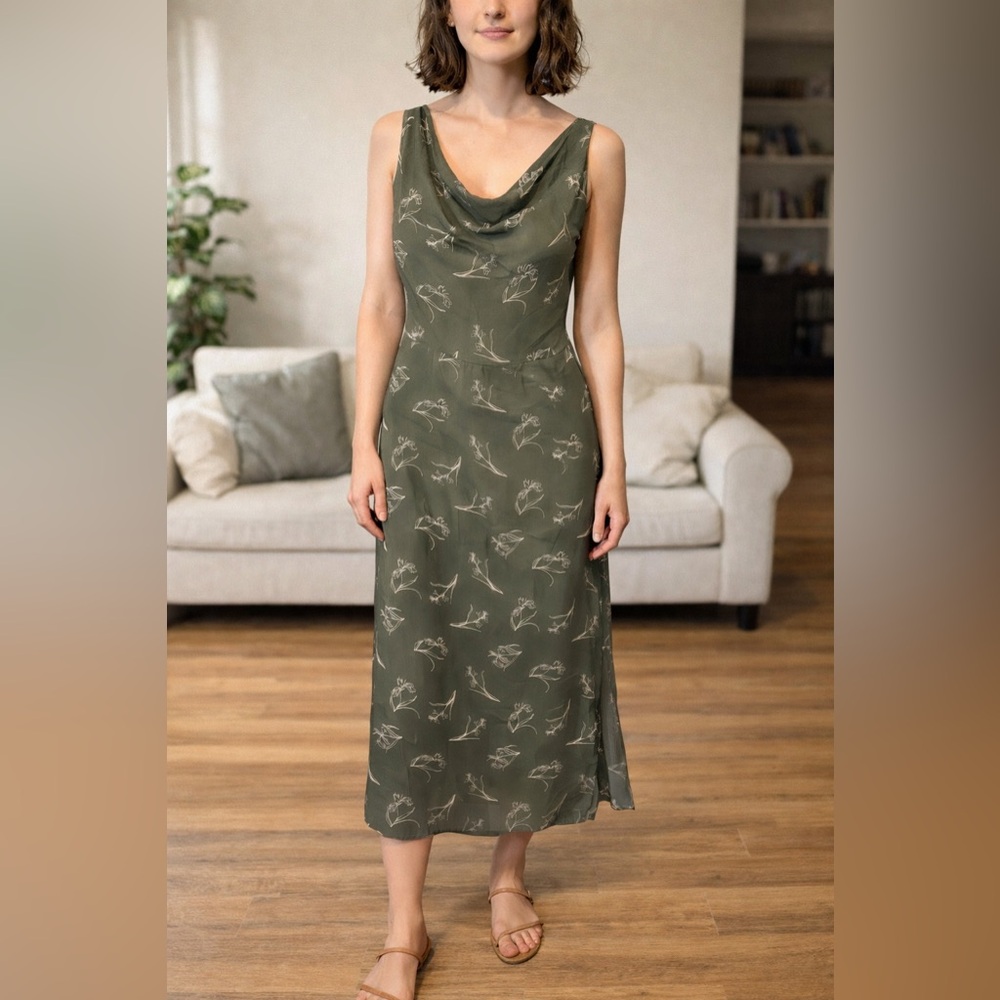 Sage the Label Olive Floral Cowl Neck Midi Dress Romantic Cottagecore NWT Small